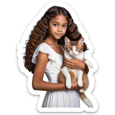 beautiful girl with curly long brown hair wearing a white dress holding an Abyssinian cat with reddish-brown fur in her arms sticker