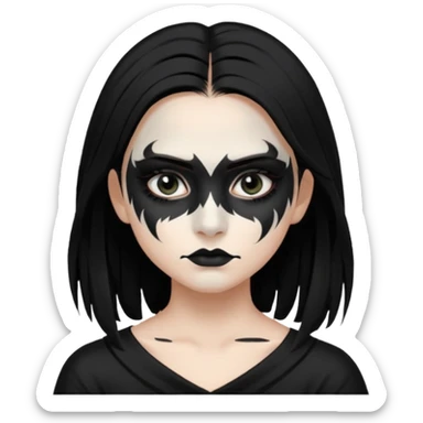 Crea una ragazza con stile black metal,  paint face black metal, capelli neri mossi dalle spalle e occhi bianchi sticker
