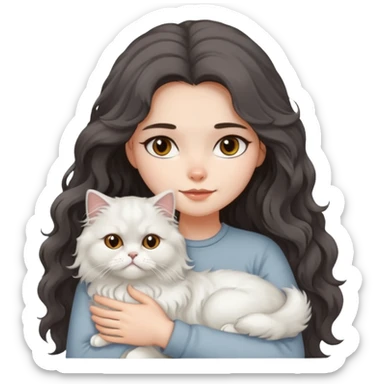 a girl with long dark wavy hair hug a fluffy persian cat with dominant white body and gray on its forehead  sticker