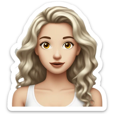 Cute girl, pale skin, big lips, wavy hair, long hair, brown hair, big lashes, white tanktop, long hair  sticker