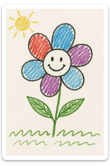 a flower with five petals and a happy face, children's doodle style sticker