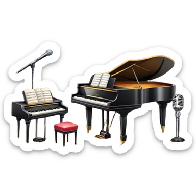 Emoji of the American musical: a retro stage with neon lights, a classic microphone on stage, vintage piano, musical notes, vintage theater curtains, and Broadway-style elements. Avoid focusing solely on the piano. Transparent background. sticker