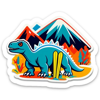 Ski goggles and skis on a dinosaur in mountains  sticker