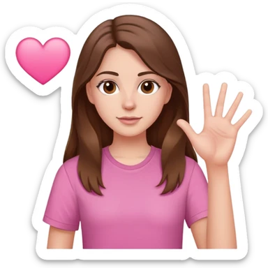 one white girl with long brown hair and brown eyes wearing a pink shirt making a hand heart  sticker