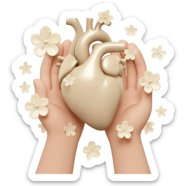 hands holding realistic light beige human heart with beige flowers sticker