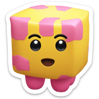 Yellow cube with long black Kirby eyes with pink Kirby feet sticker