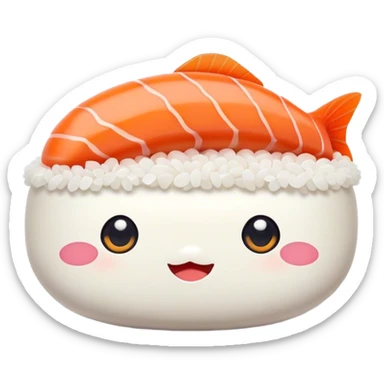 Cute Kawaii Nigiri Sushi, plump and happy, a soft white rice pillow topped with bright orange salmon, tiny blushing cheeks, big round eyes, a joyful floating expression! sticker