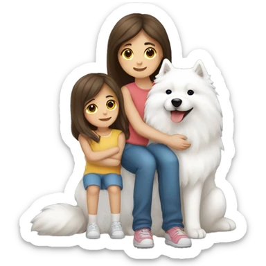 Girl with brunette long hair hugging boy samoyed and girl Samoyed  sticker