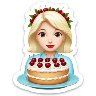 Beautiful woman with bouquet of flowers and lush white cakes with icing and cherries emoji style sticker