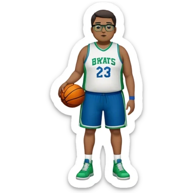 Full Body tall plus size white male with dark short hair basketball player wearing glasses wearing blue green uniform sticker