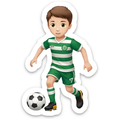 Celtic footballer jersey logo  6 years old brown hair white boy , brown eyes , stripes uniform , RUNNING  with soccer ball # 17 celtic football logo PUT ONLY ONE LOGO ONE CELTIC LOGO ONLY  sticker