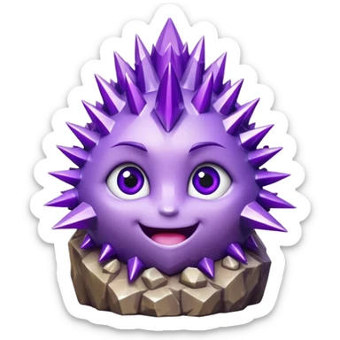 One spiky amethyst crystal rock character, short thick base covered in tall purple crystal spikes like a quartz cluster, faceted and sharp, adorable round face carved into the front of the base with big glossy eyes and a smile, 3D render, high detail, isolated on dark background.” sticker