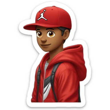Morocho boy in red attire with a red Nike cap and Jordan Retro 4 red🌟. sticker