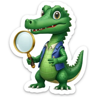A claymation-style academic alligator holding a magnifying glass. The background is a solid white circle sticker