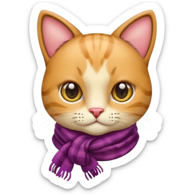 apple emoji style cat head, smooth and rounded, different fur color and pattern, large eyes with different colors, wearing a scarf with a unique accessory like a pin or brooch, no glasses, focus on accessories, no body parts sticker