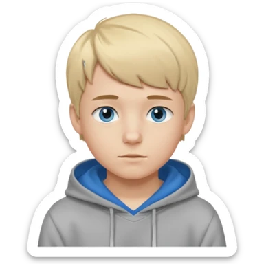 Teen boy with blue eyes and Grey hoodie standing up with blond short hair and short bangs sticker
