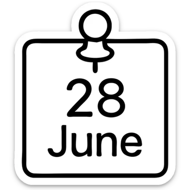 a pinned note with the text '28 June', minimalist, black and white sticker