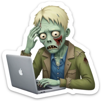 A tired sad zombie behind a laptop sticker