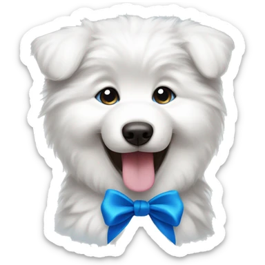 Samoyed puppy with big eyes and tongue smiling with blue Ribbon 
 sticker