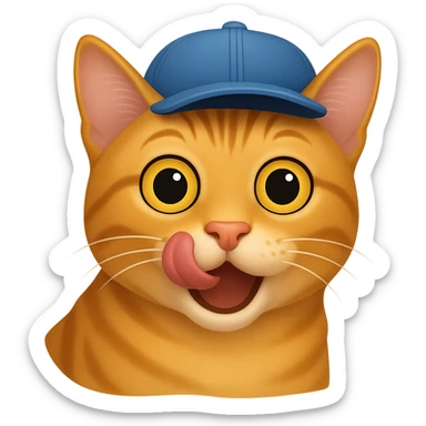 Change the cat's face expression to hungry (licking lips or wide eyes), keep the blue cap, and set the background to transparent. The style should resemble emoji style with simple and clear features. sticker