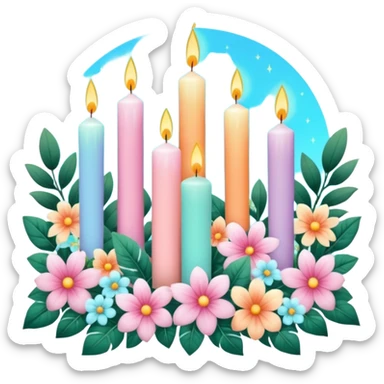 Aesthetic scenic romantic pastels beautiful gorgeous holy divine spiritual pretty elegant sparkly shiny scene of Candles, flowers, plants leaves, scenic aesthetic scenery sticker