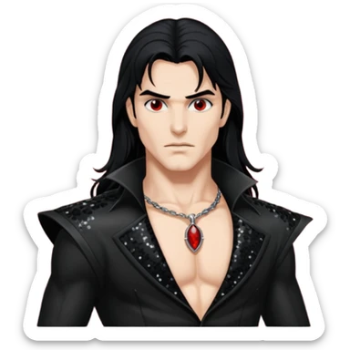 Adam Van Helsing from Vampirella with long black hair, black sequin outfit sticker