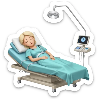 A woman in her 50s lying on an examination bed with eyes closed, shown in a wide, full-body view in a clean colonoscopy procedure room. Only the patient is visible. sticker