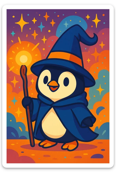 cute penguin dressed as a wizard, wearing a pointed hat and holding a magic staff, in a magical setting, vibrant colors sticker