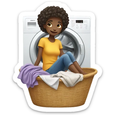 Girl laying on a tall pile of clothes in a laundry basket sticker
