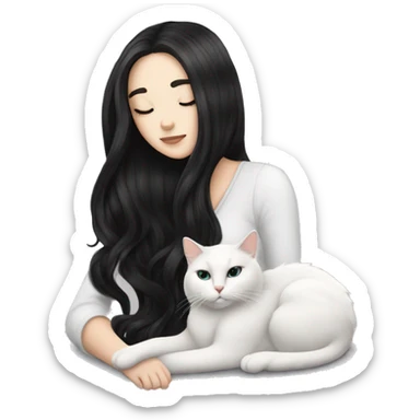 A pretty white girl with very long black hair and sleeping curled up to a white cat  sticker