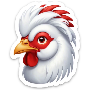 Cinematic Cute White Rooster Portrait Emoji, Head tilted playfully and inquisitively, featuring a glossy, immaculate white plumage with a vibrant red comb, round, sparkling eyes filled with curiosity, Simplified yet irresistibly adorable features, highly detailed, glowing with a warm, friendly glow, high shine, affectionate and spirited, stylized with a touch of farmyard whimsy, bright and endearing, soft glowing outline, capturing the essence of a mischievous yet loving rooster, so playful it feels like it could strut out of the screen and into your arms! sticker