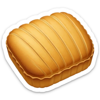 A madeleine pastry. Oval shaped with four to five vertical lines going in the same direction. Scalloped seashell shape. Light golden brown. Scalloped edge. Cookie. Flat. sticker