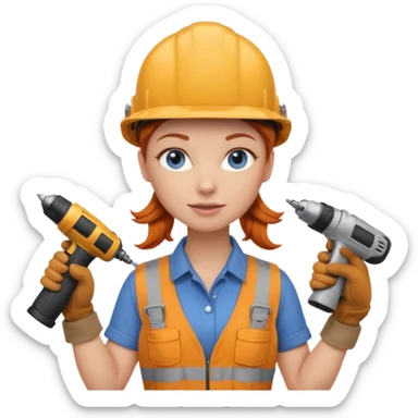 A ginger haired girl blue eyes, handyman Outfit, wearing a Helmet, with drill sticker