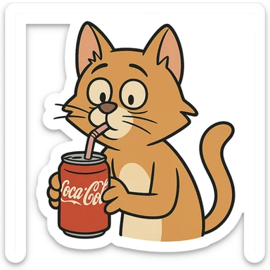 a cartoon cat drinking Coca-Cola with a straw sticker