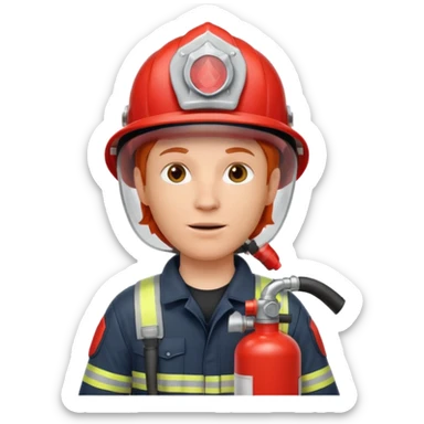 red haired Firefighter with respiratory protection with fire extinguisher sticker