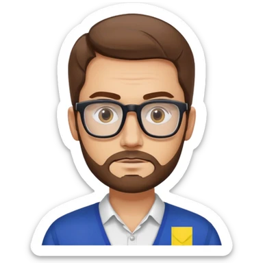 A brown-haired white man with a designer stubble beard and rectangle glasses. He shrugs. In the background the Romania flag. sticker