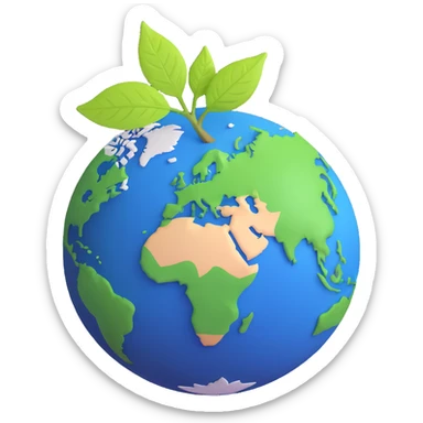 A single green leaf resting gently on top of a vibrant, round Earth globe. The focus is on the leaf and the globe with a simple background and soft natural lighting sticker