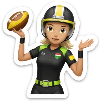 woman catching a football, wearing a helmet, black uniform with white accents, lemon lime flag belt, no country flags sticker