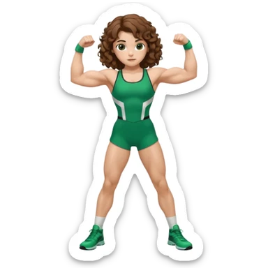 flexing muscles, big biceps, muscled torso, very beautiful italian girl, looking like Emma Watson, with curly and big volume very bright brown hair, dressed in a beautiful green sports costume, full body sticker