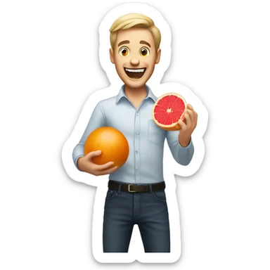 Excited white man holding a grapefruit sticker