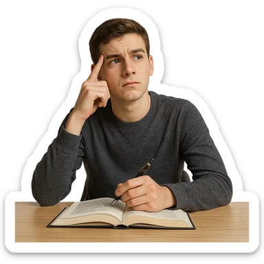 realistic style student thinking about a question, thoughtful facial expression, sitting at desk with book and pen sticker