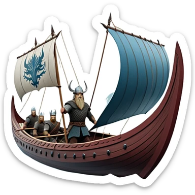 clash-of-clans-aesthetic_-cinematic-viking-longboat, rendered in a flat, bold vector style with minimal shading, featuring a striking dragon-headed prow slicing through icy, churning waters. shields on the side and vikings rowing The longboat’s intricately detailed shields and carved motifs evoke a sense of epic adventure and Nordic might, with billowing sails catching a dramatic, stormy sky backdrop. sticker