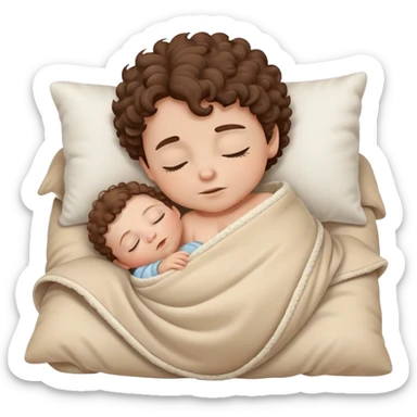 Sleeping Baby boy with curly brown hair, white skin, with beige blanket and pillows sticker