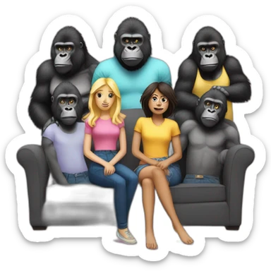 5 gorillas standing behind one blonde girl on a couch sticker