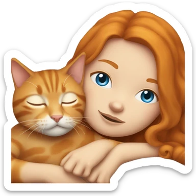 Ginger girl with blue eyes sleeping with a cat sticker