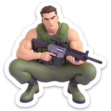 muscular soldier with slicked-back hair, crouched with a sniper rifle, intense expression sticker
