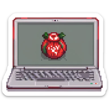 open red laptop, 'cmv' logo visible on the back of the screen, pixel art style sticker
