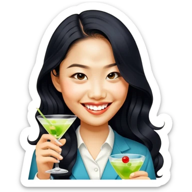 Asian girl long wavy hair holding martini sticker