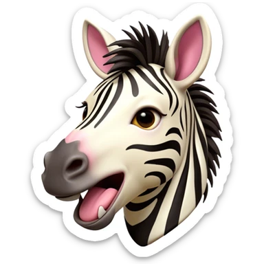 Cinematic Comical Zebra Portrait Emoji, Head tilted dramatically with an exaggeratedly amused expression, featuring a striking, glossy striped fur with bold contrasts, a refined, equine head with a long snout and alert ears, and wide, expressive eyes filled with playful disbelief, Simplified yet hilariously expressive features, highly detailed, glowing with a slightly sassy glow, high shine, dramatic yet playful, stylized with an air of cheeky savannah mischief, bright and endearing, soft glowing outline, capturing the essence of a spirited and over-the-top zebra that feels like it could prance its way into internet fame instantly! sticker