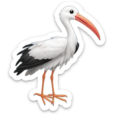  white stork with long legs and a long beak flying in the sky. The stork is carrying a blue bundle of cloth in its beak that has a cute white baby face peeking out from it with black head sticker
